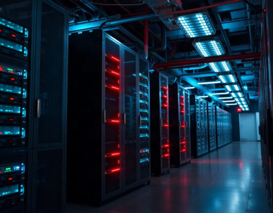 Data center servers with warning lights indicating a network outage at MANTRA blockchain