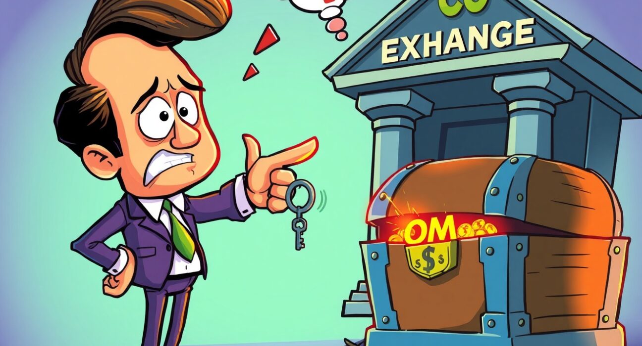 Cartoon CEO urgently advising OM token withdrawal for user security and control.