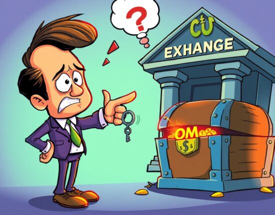 Cartoon CEO urgently advising OM token withdrawal for user security and control.