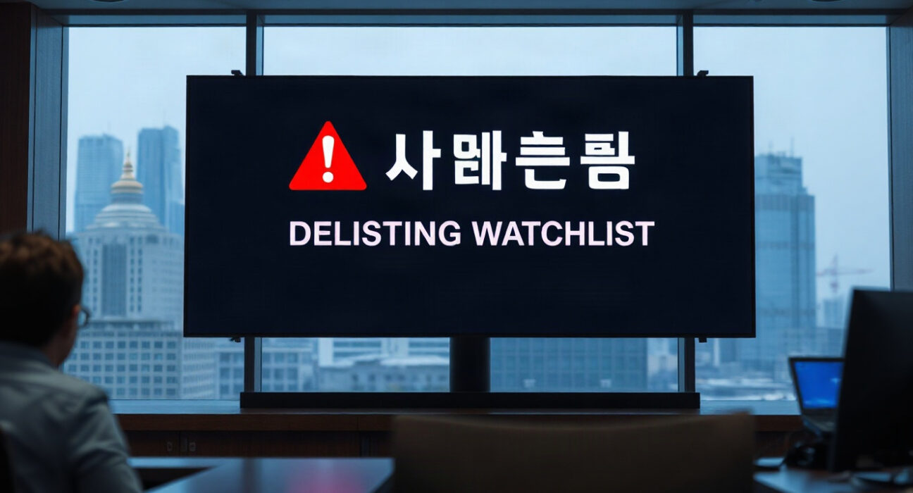 Digital screen showing delisting warning in a trading room with Seoul skyline in background