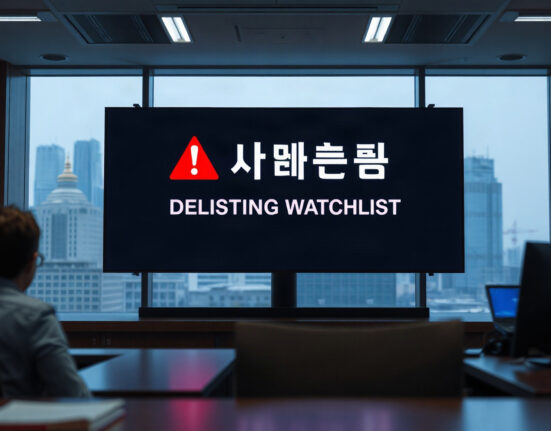 Digital screen showing delisting warning in a trading room with Seoul skyline in background