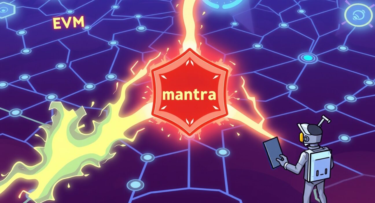 A cartoon illustration showing Mantra native support for EVM and CosmWasm, symbolizing enhanced blockchain interoperability and smart contract development.