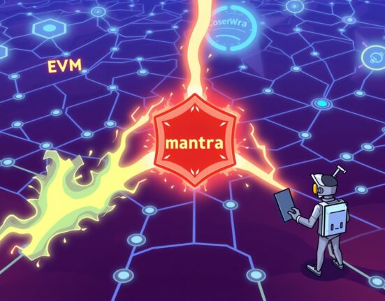 A cartoon illustration showing Mantra native support for EVM and CosmWasm, symbolizing enhanced blockchain interoperability and smart contract development.