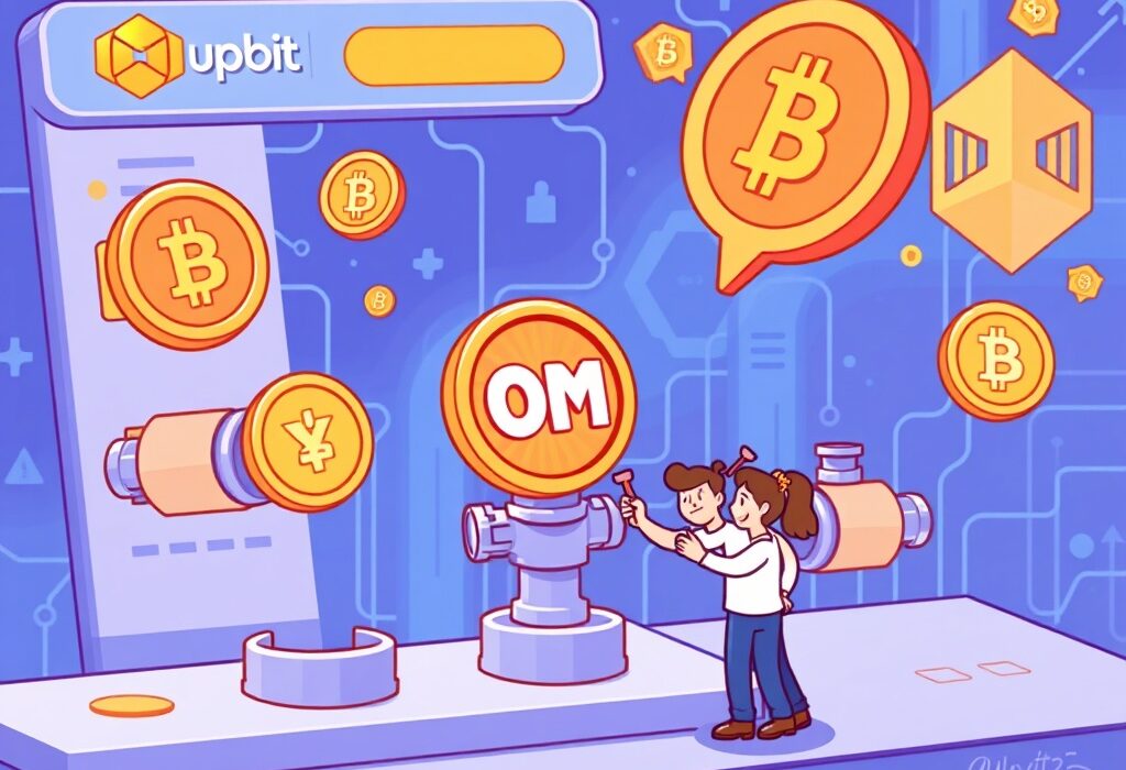 Cartoon illustration of a crypto exchange adjusting the Mantra OM token circulation plan, highlighting important updates for investors.