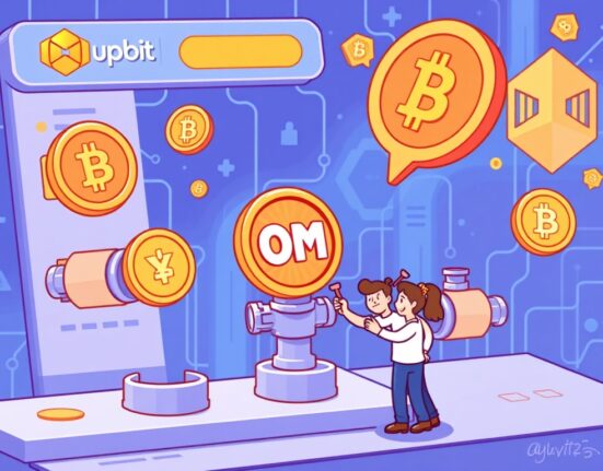 Cartoon illustration of a crypto exchange adjusting the Mantra OM token circulation plan, highlighting important updates for investors.