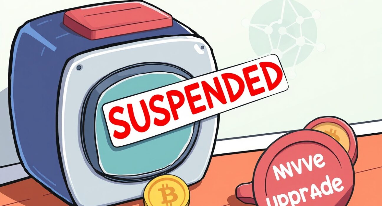 Illustration showing a temporary halt for Mantra OM deposits and withdrawals, signifying Bithumb's mainnet upgrade support.