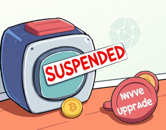 Illustration showing a temporary halt for Mantra OM deposits and withdrawals, signifying Bithumb's mainnet upgrade support.