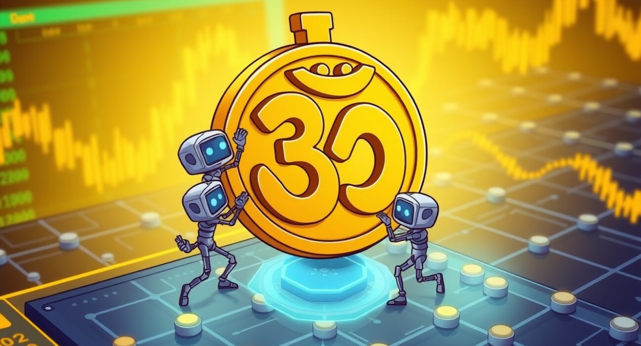 Cartoon illustration of a Mantra OM network upgrade in progress, showing digital elements and gears representing system improvements.