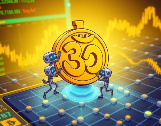 Cartoon illustration of a Mantra OM network upgrade in progress, showing digital elements and gears representing system improvements.