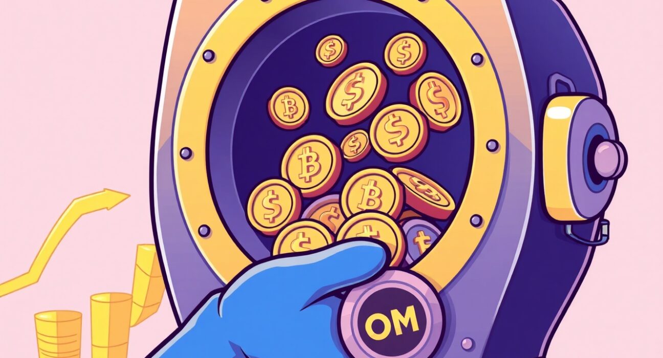 Cartoon illustration showing a secure collection of OM tokens, representing Mantra OM token buyback and its positive impact on the ecosystem.