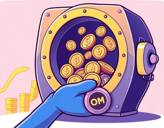 Cartoon illustration showing a secure collection of OM tokens, representing Mantra OM token buyback and its positive impact on the ecosystem.
