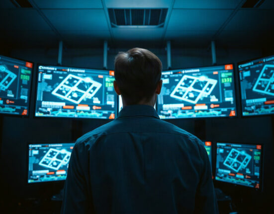 Security analyst monitoring blockchain network screens in a control room