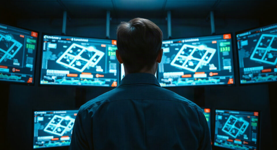 Security analyst monitoring blockchain network screens in a control room