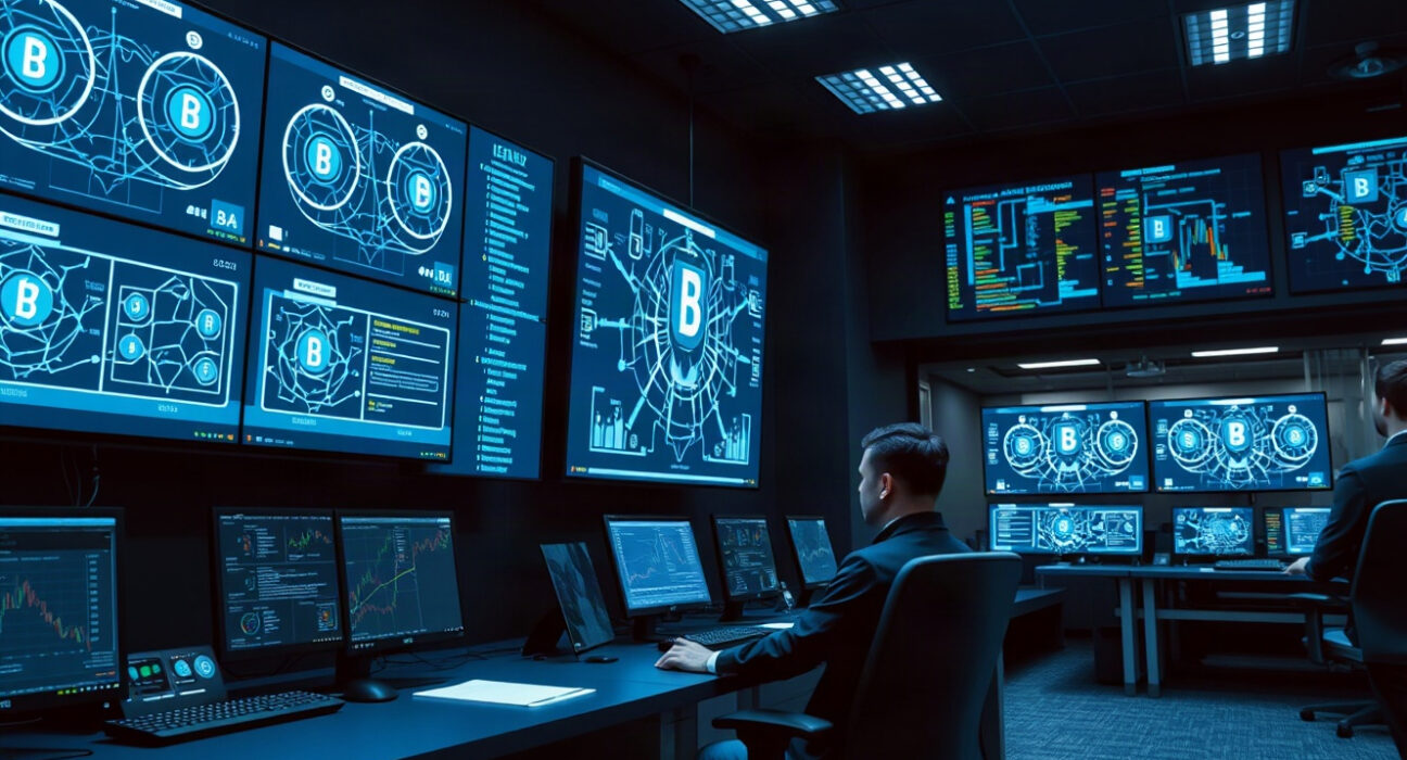 Cybersecurity analysts monitoring blockchain network activity in a modern operations center
