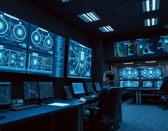 Cybersecurity analysts monitoring blockchain network activity in a modern operations center