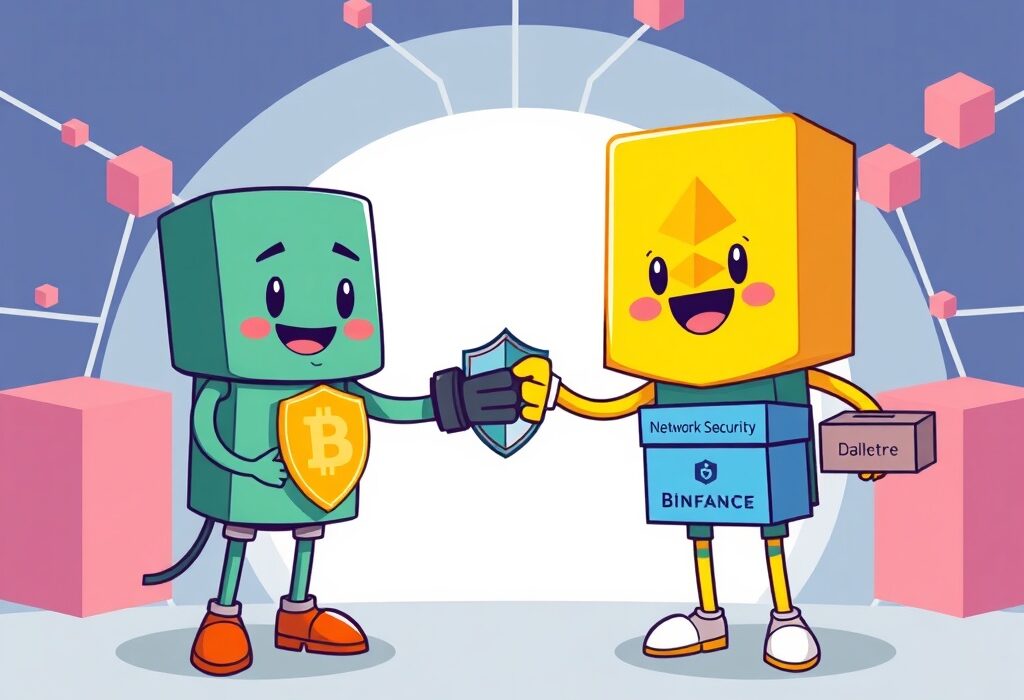 Cartoon showing Mantra and Binance joining forces as a Mantra validator, symbolizing enhanced network security and decentralized governance.