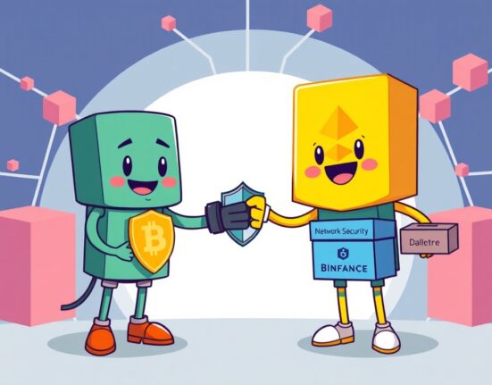 Cartoon showing Mantra and Binance joining forces as a Mantra validator, symbolizing enhanced network security and decentralized governance.