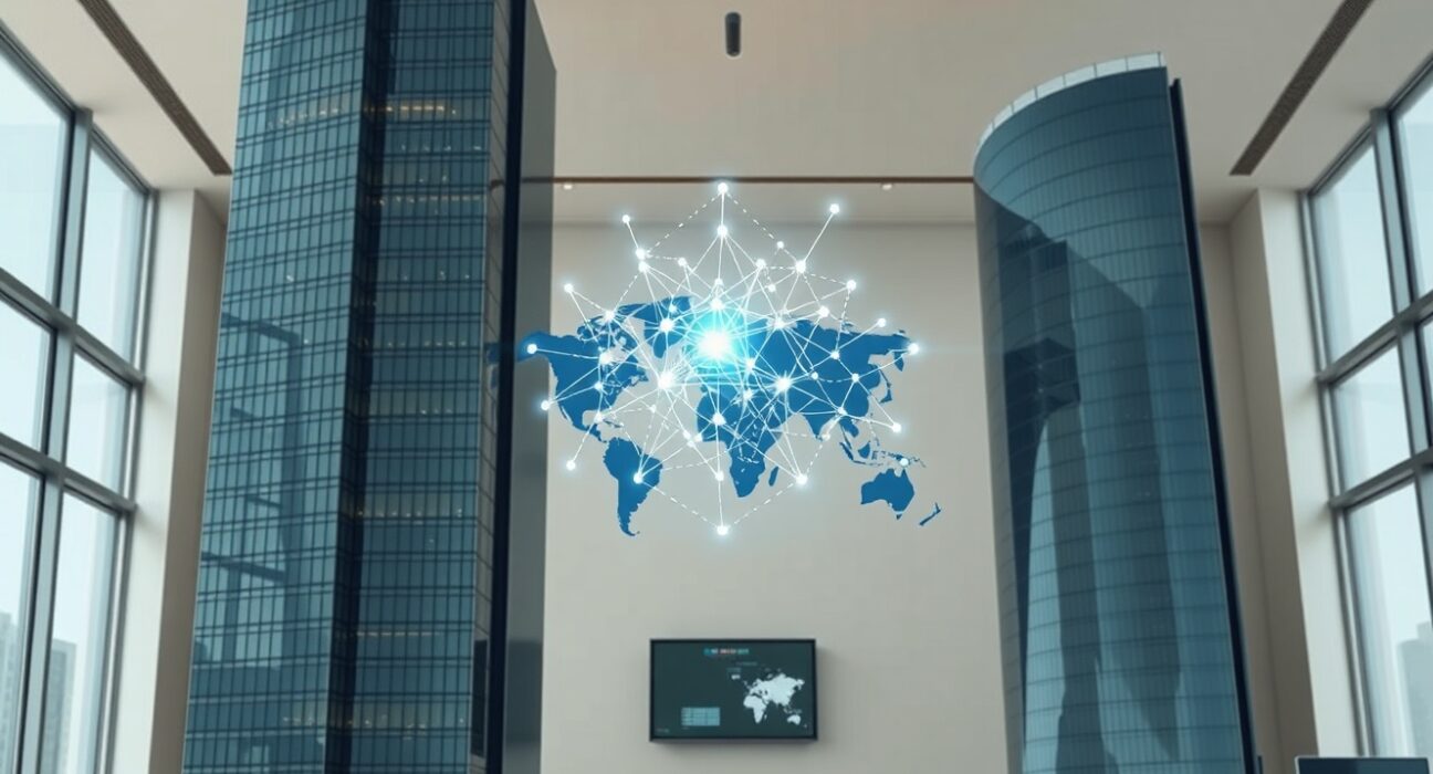 Manus AI acquisition symbolizes US-China tech competition with neural networks between Silicon Valley and Beijing skyscrapers.