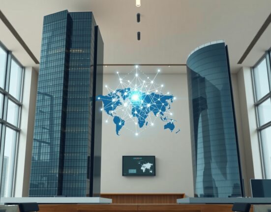 Manus AI acquisition symbolizes US-China tech competition with neural networks between Silicon Valley and Beijing skyscrapers.