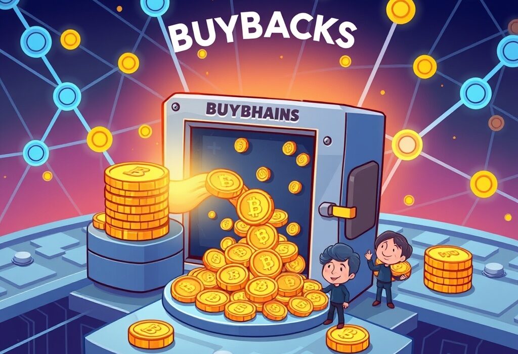 A cartoon illustration showing Map Protocol buybacks enhancing MAPO tokenomics through cross-chain profits for greater stability.