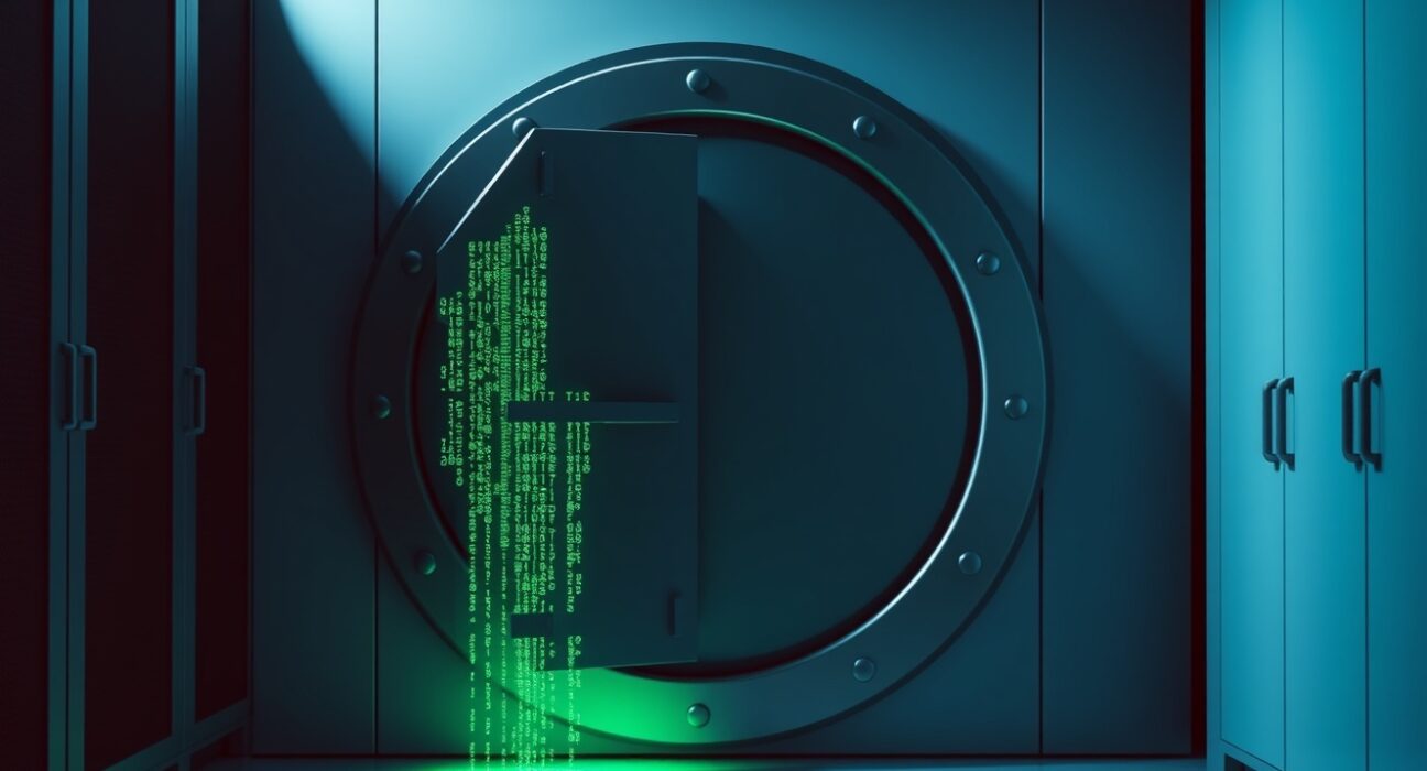 Digital vault door ajar with green code, representing a blockchain security breach.