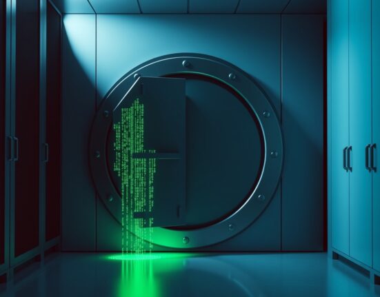 Digital vault door ajar with green code, representing a blockchain security breach.