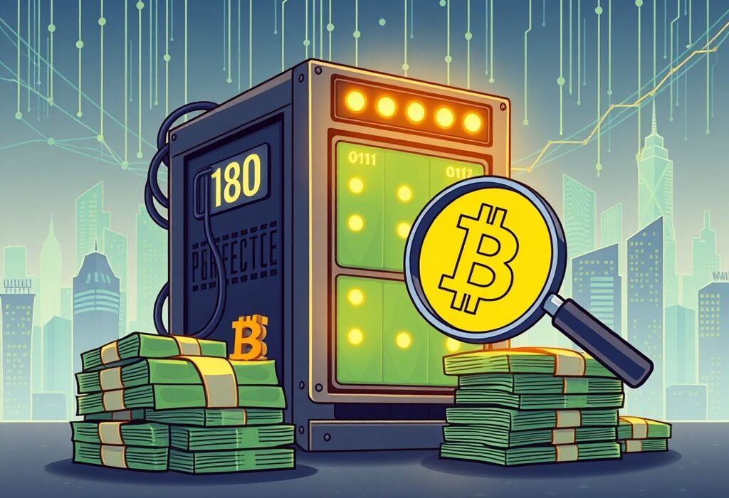 Cartoon illustration depicting Mara Bitcoin Mining's significant $950M convertible notes offering for expansion and Bitcoin acquisitions.