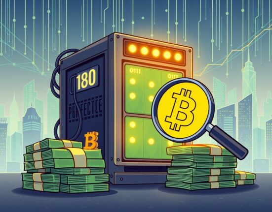 Cartoon illustration depicting Mara Bitcoin Mining's significant $950M convertible notes offering for expansion and Bitcoin acquisitions.