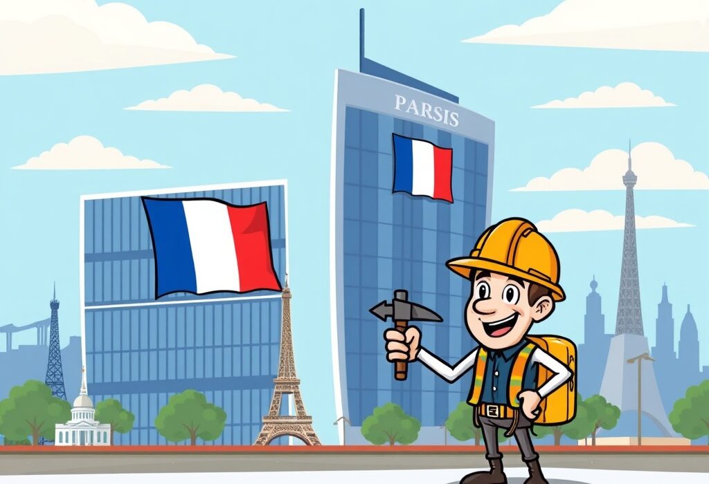 A cartoon illustration depicting MARA's strategic MARA Europe expansion with a new headquarters in Paris, signaling growth in Bitcoin mining.