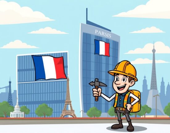 A cartoon illustration depicting MARA's strategic MARA Europe expansion with a new headquarters in Paris, signaling growth in Bitcoin mining.