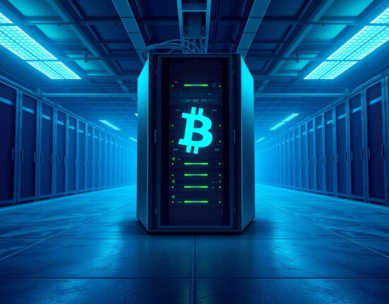 Bitcoin mining data center server rack representing Mara Holdings institutional cryptocurrency operations
