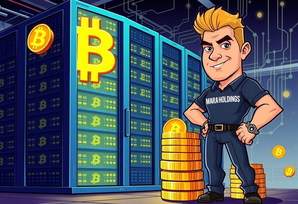 A cartoon illustration showing the significant Bitcoin holdings of MARA Holdings, representing their success in Bitcoin mining.