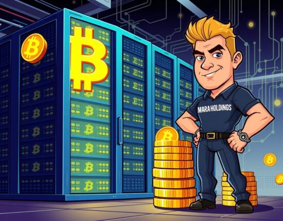 Cartoon illustration of MARA Holdings successfully mining and holding Bitcoin, showcasing their strategic digital asset accumulation.