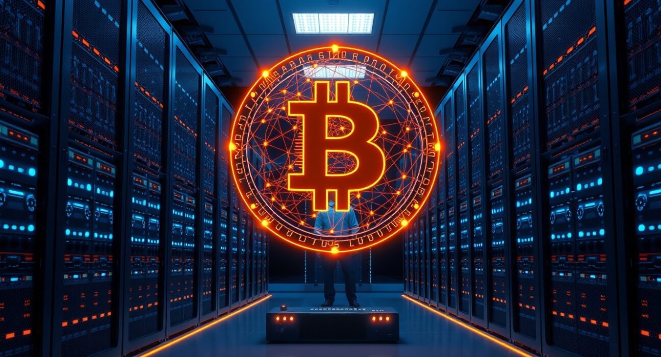 MARA Holdings Bitcoin mining server room with holographic network map representing Bitcoin network resilience efforts