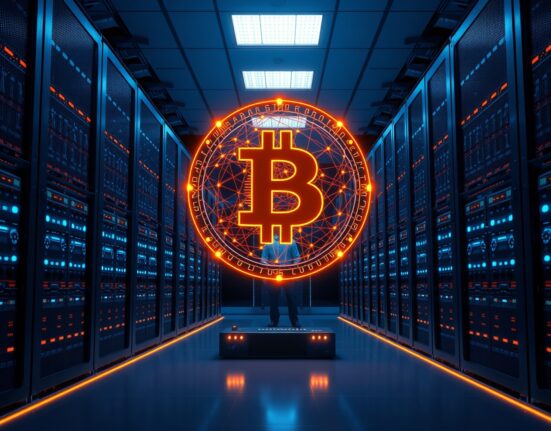 MARA Holdings Bitcoin mining server room with holographic network map representing Bitcoin network resilience efforts