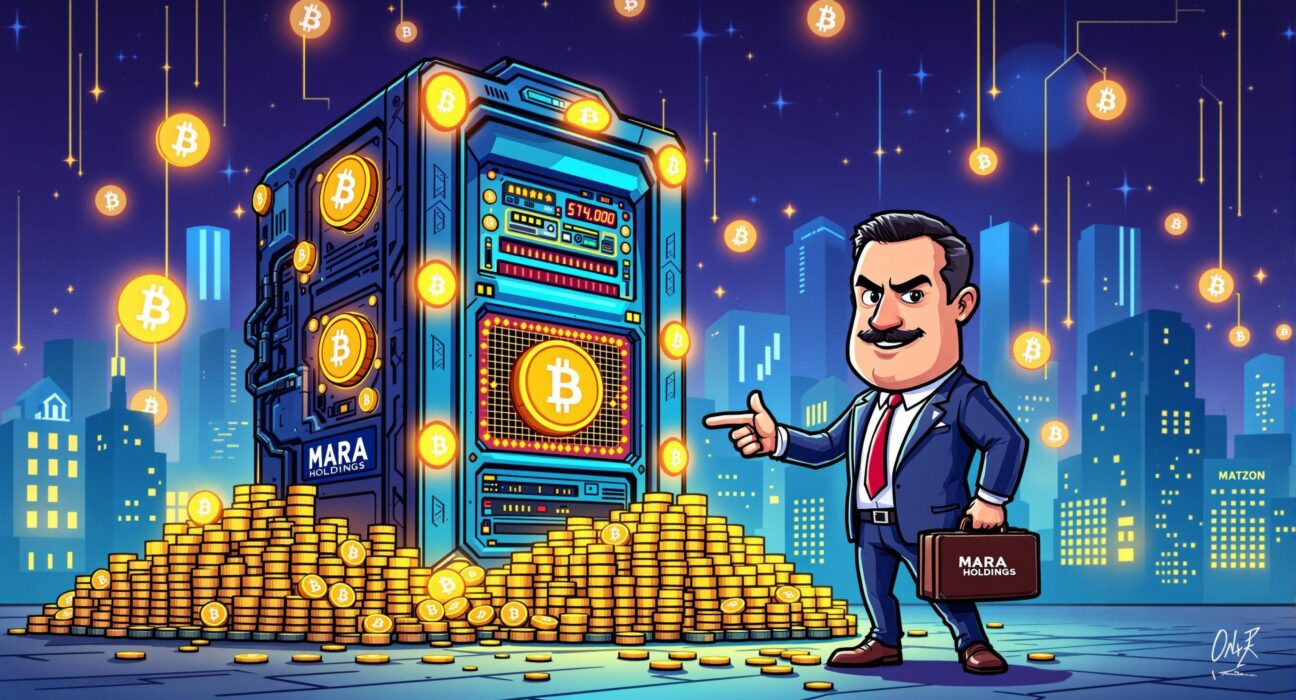 A cartoon illustration showing MARA Holdings' ambitious plan to acquire Bitcoin, with a miner and a pile of BTC.