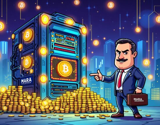 A cartoon illustration showing MARA Holdings' ambitious plan to acquire Bitcoin, with a miner and a pile of BTC.