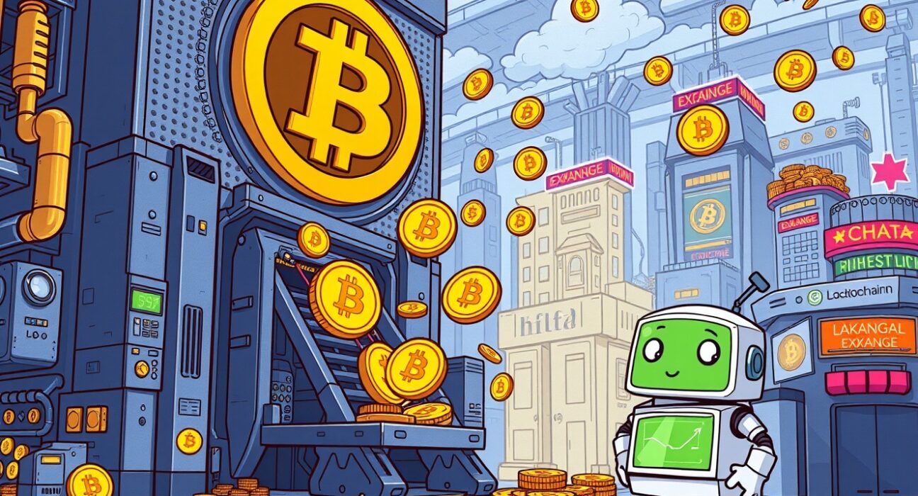 A cartoon illustration depicting the significant MARA Holdings BTC sale, showing Bitcoin moving from a mining company to exchanges, highlighting a strategic shift.