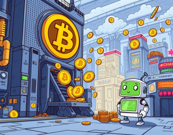 A cartoon illustration depicting the significant MARA Holdings BTC sale, showing Bitcoin moving from a mining company to exchanges, highlighting a strategic shift.