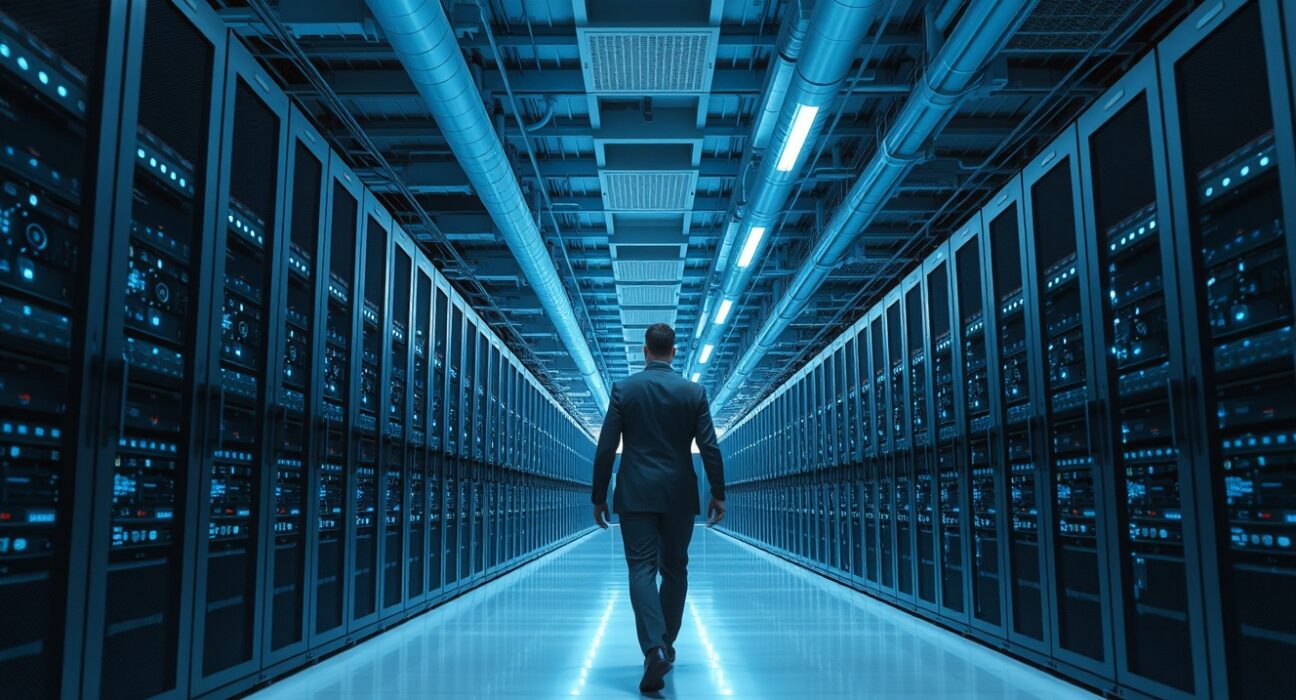 Interior of a Bitcoin mining facility with rows of servers and a technician walking between them.