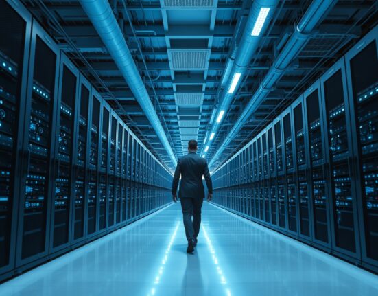 Interior of a Bitcoin mining facility with rows of servers and a technician walking between them.