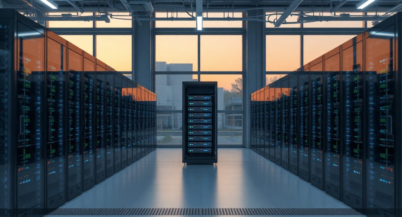 Interior of a modern bitcoin mining data center with rows of servers and high-performance computing equipment.