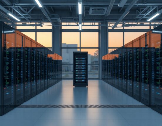 Interior of a modern bitcoin mining data center with rows of servers and high-performance computing equipment.