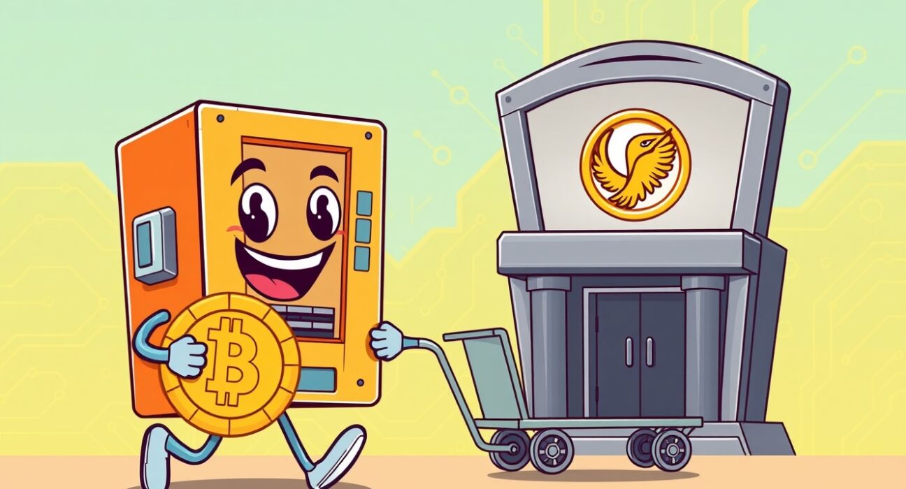 A vibrant cartoon illustration of a Bitcoin mining operation depositing a large Bitcoin coin to a financial institution, symbolizing the MARA Holdings deposits 275 BTC transaction.