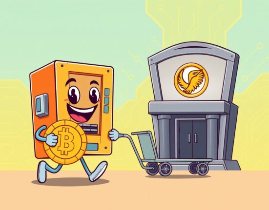 A vibrant cartoon illustration of a Bitcoin mining operation depositing a large Bitcoin coin to a financial institution, symbolizing the MARA Holdings deposits 275 BTC transaction.