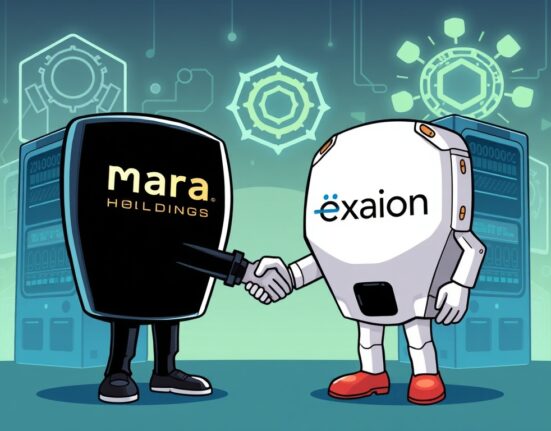 Cartoon depicting Mara Holdings' strategic Exaion acquisition, symbolizing expansion into high-performance computing and AI.