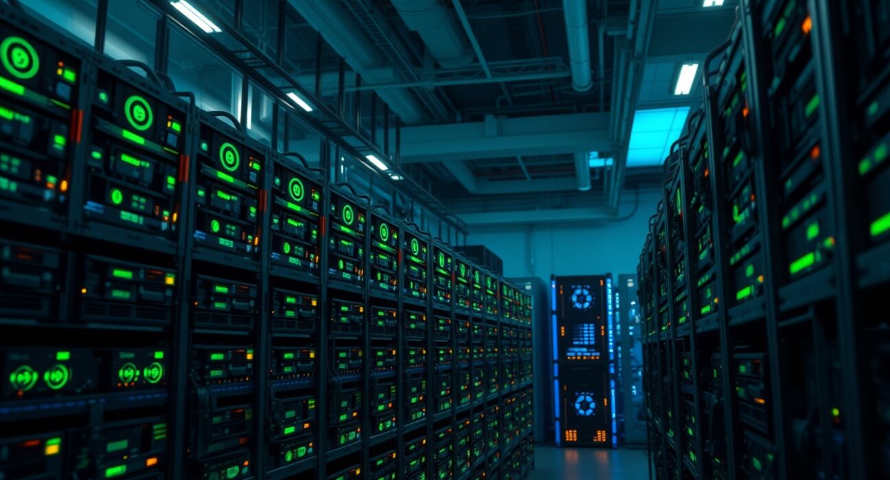 Interior of a Bitcoin mining facility with rows of mining rigs emitting green and blue LED lights