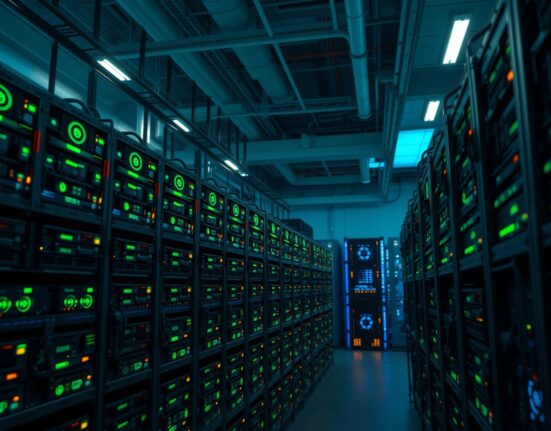 Interior of a Bitcoin mining facility with rows of mining rigs emitting green and blue LED lights