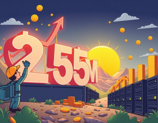 Cartoon illustration showing the phenomenal MARA Holdings Q3 revenue growth with Bitcoin symbols and upward financial charts.