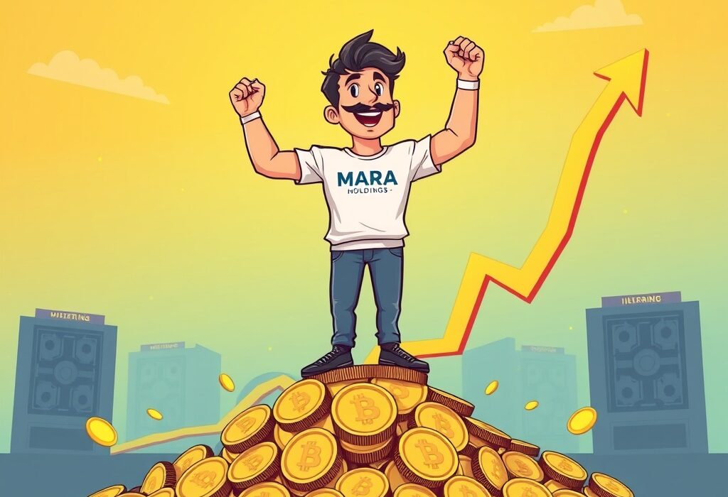 A cartoon illustration showing MARA Holdings' impressive Q2 revenue growth, with a happy miner amidst Bitcoin and financial charts.